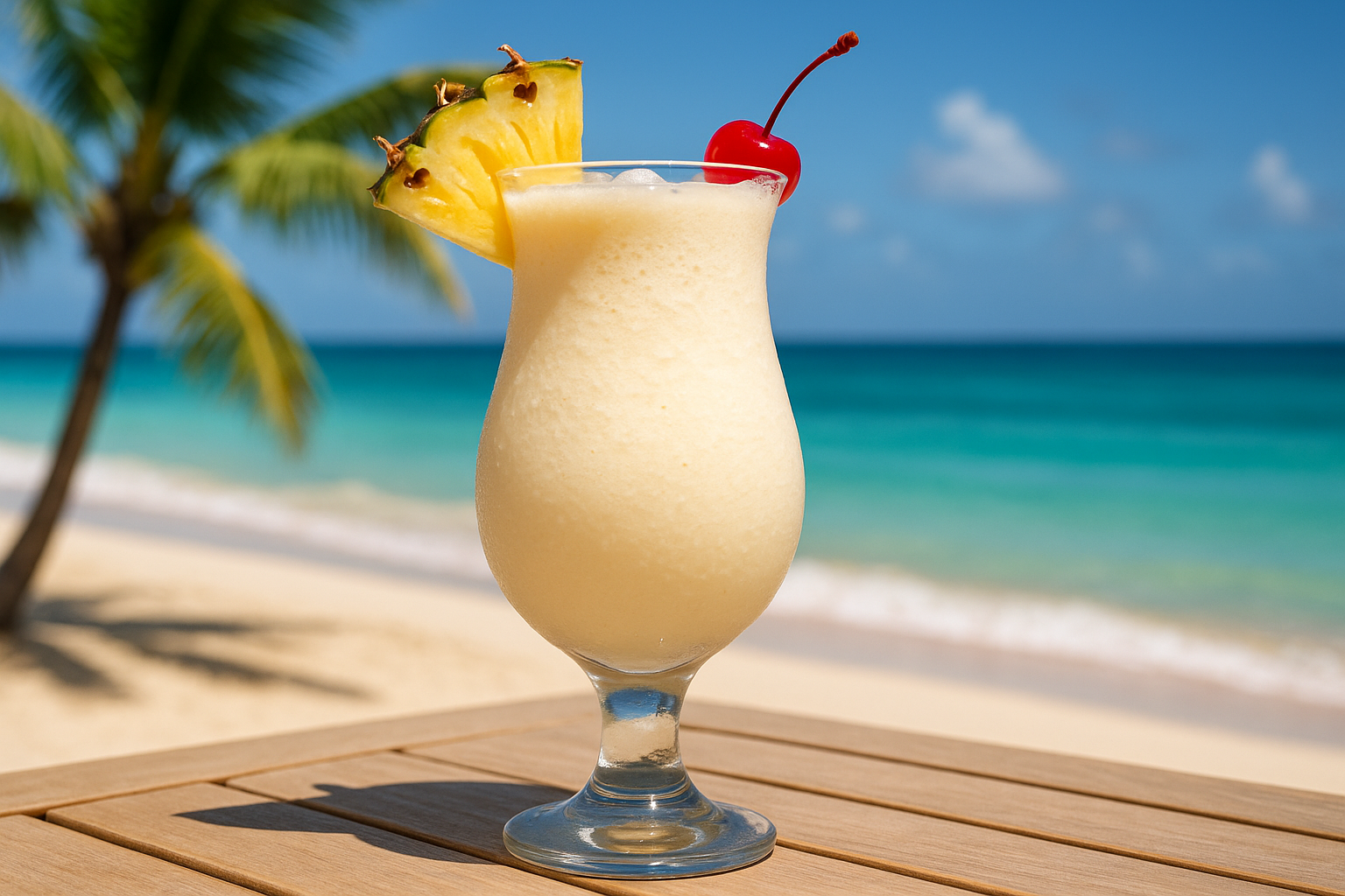 Classic pina colada with pineapple and cherry garnish